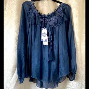 Tempo Paris Ocean Blue Peasant Blouse S